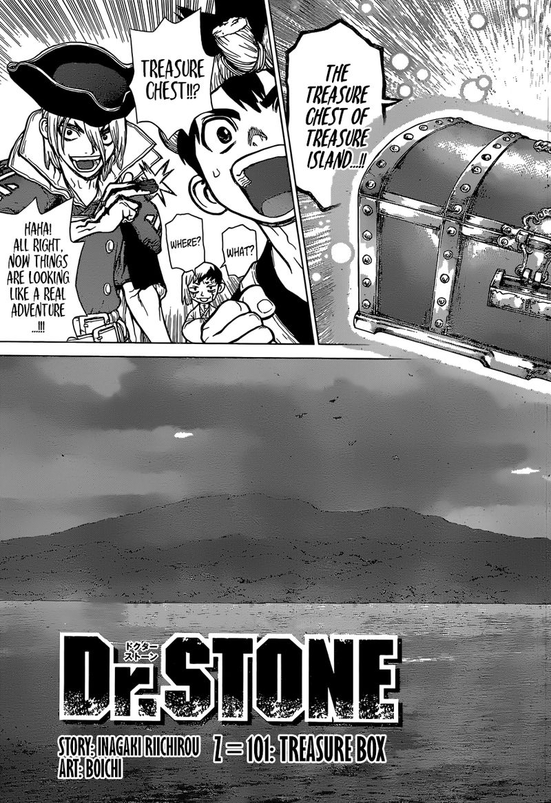 Dr. Stone Manga Chapter 101 page 1 - Treasure Chest scene