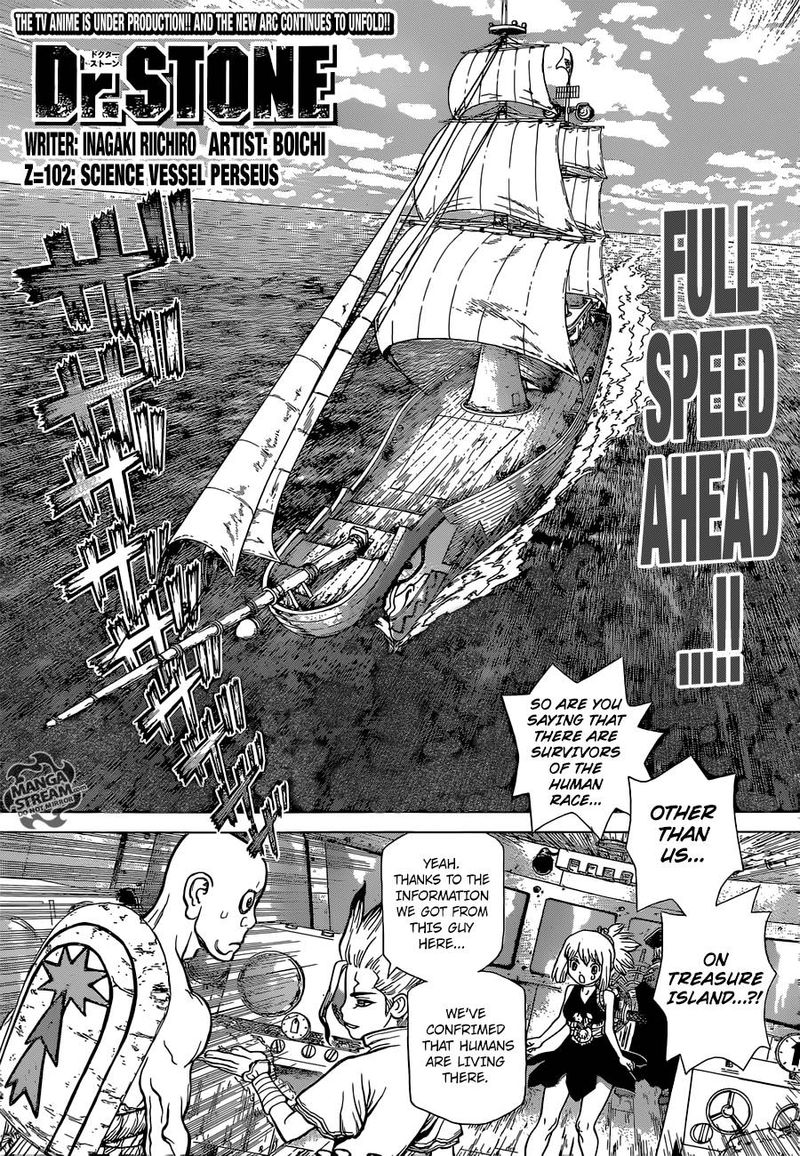 Dr. Stone Manga Chapter 102 page 1 - Perseus, Ship of Science scene