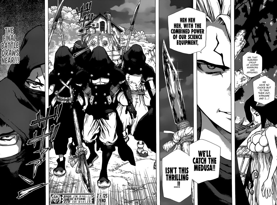 Dr. Stone Manga Chapter 125 page 17 - Decisive Three-Dimensional Battle scene