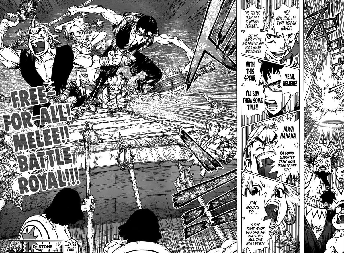 Dr. Stone Manga Chapter 128 page 18 - Island-Wide Battle Royale scene