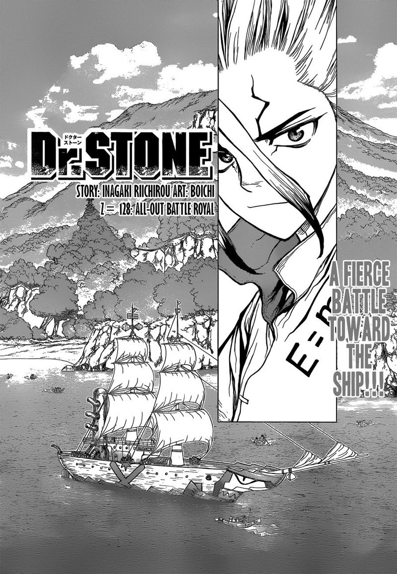 Dr. Stone Manga Chapter 128 page 2 - Island-Wide Battle Royale scene