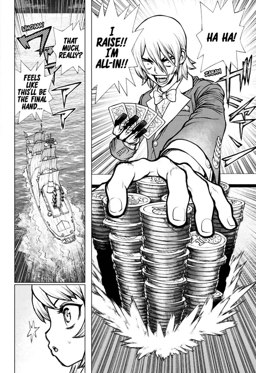 Dr. Stone Manga Chapter 144 page 10 - Ryusui & Gen vs. Senku & Kohaku scene