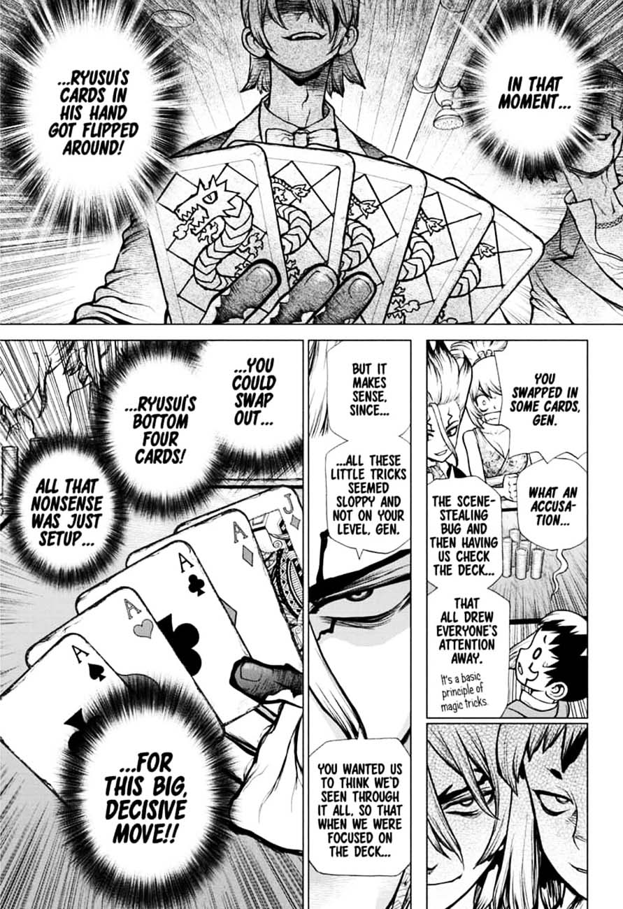 Dr. Stone Manga Chapter 144 page 11 - Ryusui & Gen vs. Senku & Kohaku scene