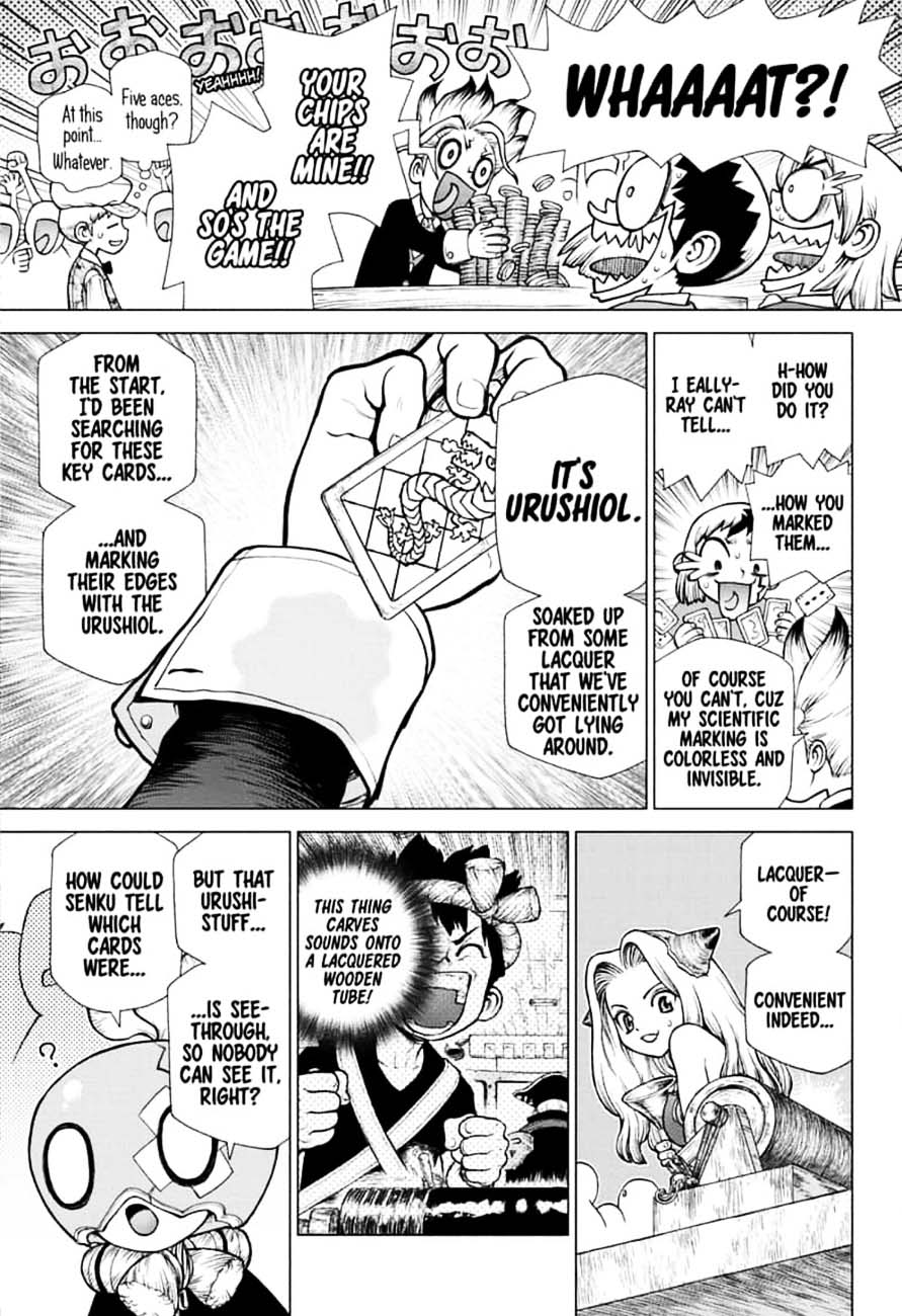 Dr. Stone Manga Chapter 144 page 17 - Ryusui & Gen vs. Senku & Kohaku scene