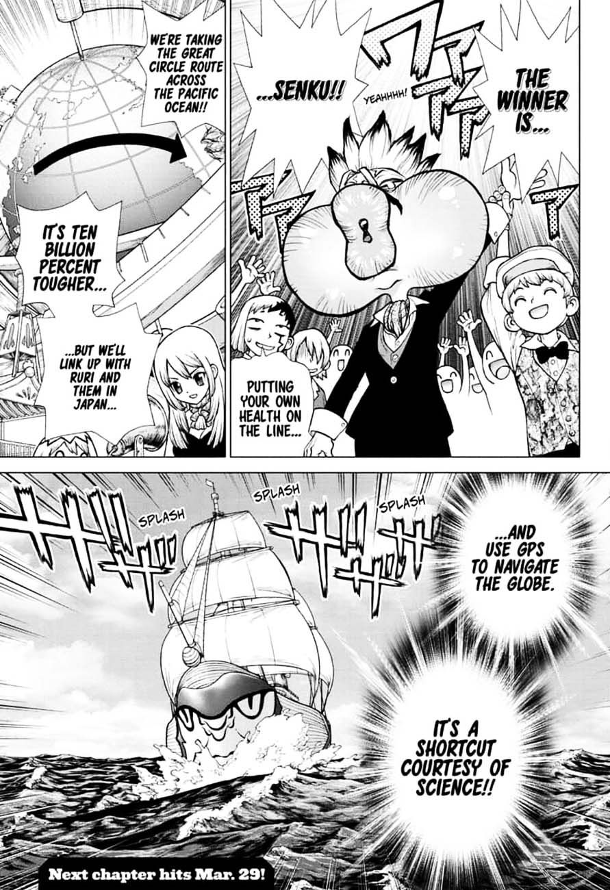 Dr. Stone Manga Chapter 144 page 19 - Ryusui & Gen vs. Senku & Kohaku scene