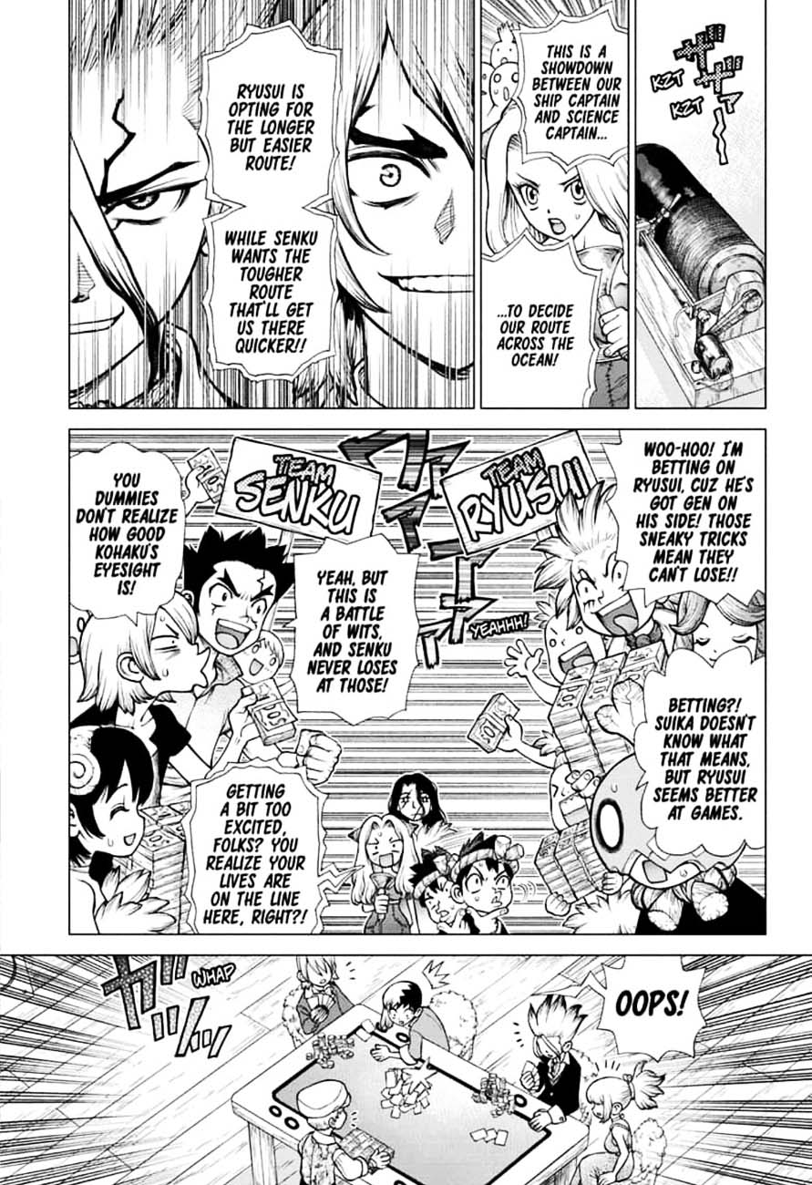 Dr. Stone Manga Chapter 144 page 3 - Ryusui & Gen vs. Senku & Kohaku scene