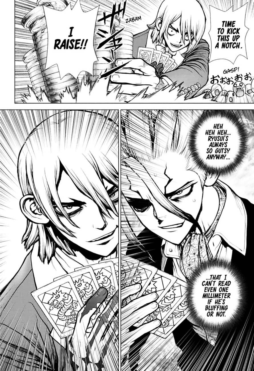 Dr. Stone Manga Chapter 144 page 6 - Ryusui & Gen vs. Senku & Kohaku scene