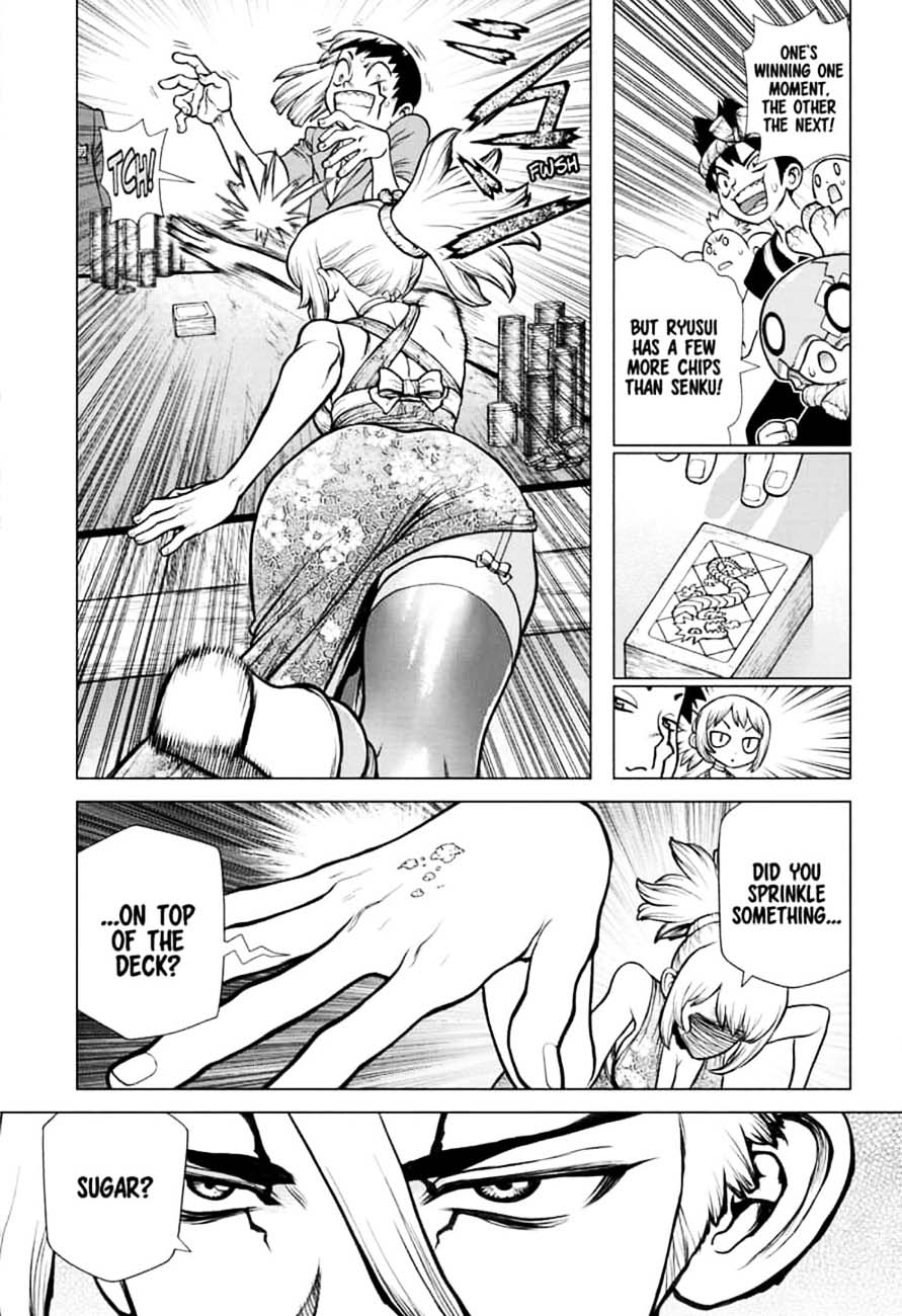 Dr. Stone Manga Chapter 144 page 7 - Ryusui & Gen vs. Senku & Kohaku scene