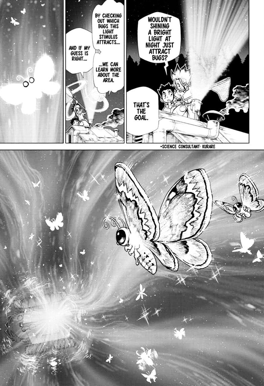 Dr. Stone Manga Chapter 149 page 7 - Light Lure in Darkness scene