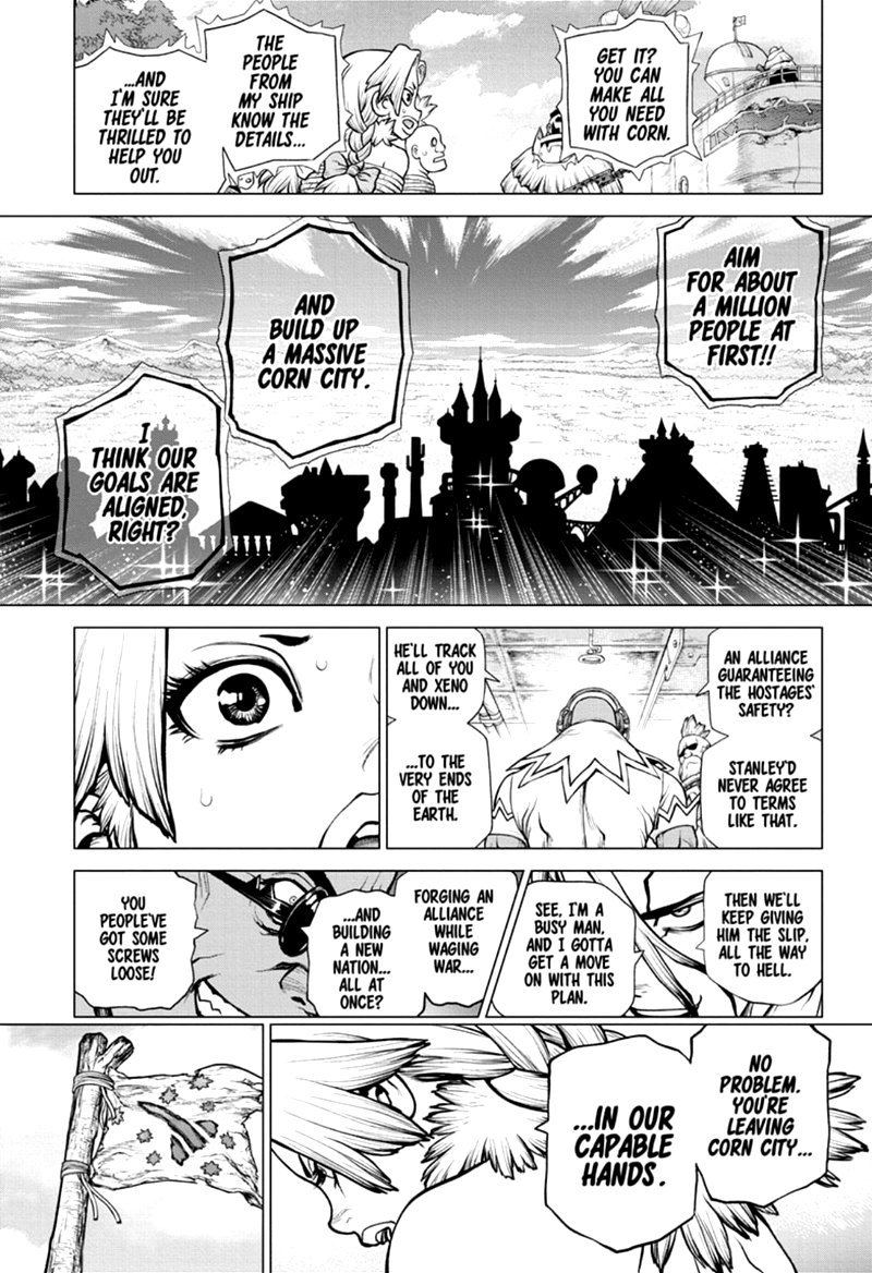 Dr. Stone Manga Chapter 168 page 18 - Corn City: Population One Million scene