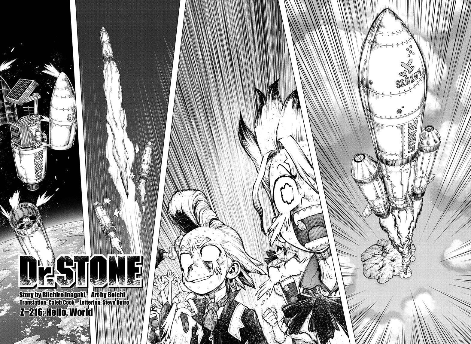 Dr. Stone Manga Chapter 216 page 4 - Hello, World scene