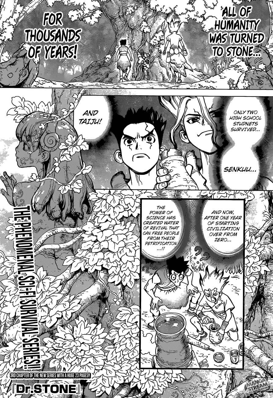 Dr. Stone Manga Chapter 3 page 1 - King of The Stone World scene