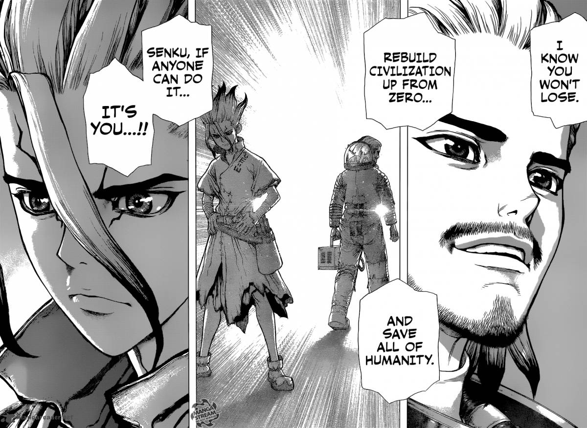 Dr. Stone Manga Chapter 45 page 12 - Epilogue of Part 1 (End of Part 1) scene