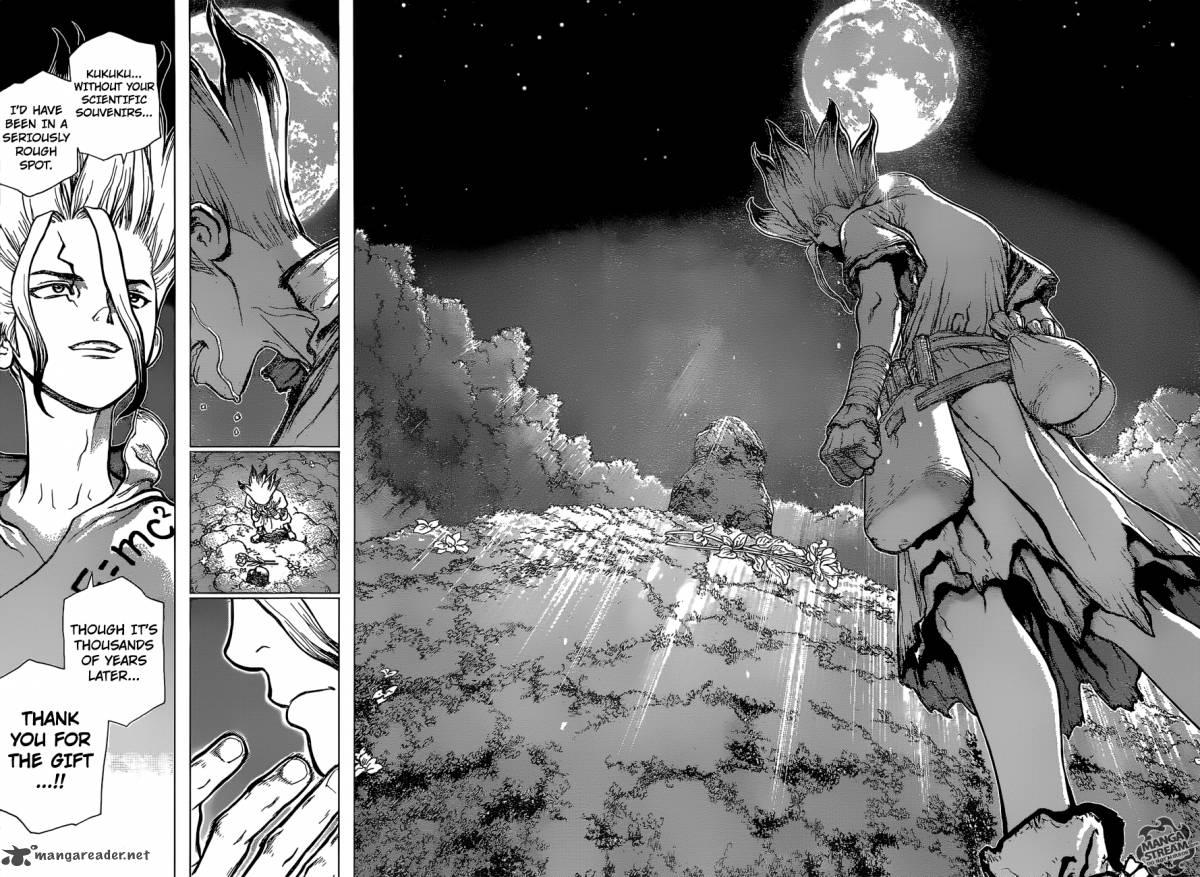 Dr. Stone Manga Chapter 45 page 15 - Epilogue of Part 1 (End of Part 1) scene