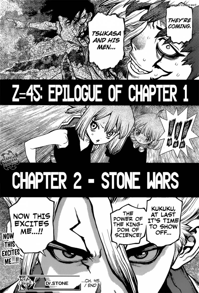 Dr. Stone Manga Chapter 45 page 17 - Epilogue of Part 1 (End of Part 1) scene