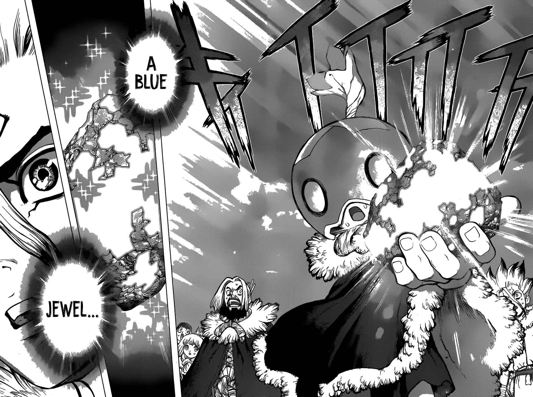 Dr. Stone Manga Chapter 54 page 16 - Flickering Blue Jewel scene