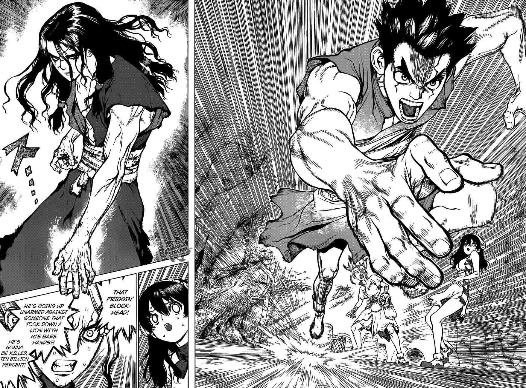 Dr. Stone Manga Chapter 6 page 6 - Taiju Vs. Tsukasa scene